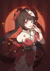 Rule 34 | 1girl, bare shoulders, bell, black choker, black sash, breasts, brown hair, chest tattoo, choker, cleavage, commentary, confetti, cowboy shot, criss-cross halter, detached sleeves, dress, eyeshadow, fox mask, halterneck, hand up, highres, honkai: star rail, honkai (series), long hair, looking at viewer, makeup, mask, mask on head, neck bell, o-ring, obi, pink eyes, red dress, sash, small breasts, smile, solo, sparkle (honkai: star rail), standing, tattoo, thighs, tongue, tongue out, twintails, very long hair, xgbghost