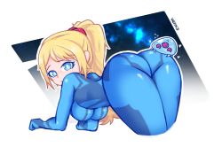 Rule 34 | 1girl, alien, ass, ass biting, ass focus, bent over, biting, blonde hair, blue bodysuit, blue eyes, blush, bodysuit, breasts, bright pupils, cropped legs, erickaventura, gloves, heart, high ponytail, large breasts, long hair, looking at viewer, metroid, metroid (creature), nintendo, ponytail, samus aran, simple background, skin tight, solo, space, star (sky), super smash bros., weapon, white pupils, zero suit