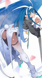 Rule 34 | 1girl, ass, bent over, blue hair, breasts, character request, closed mouth, copyright request, electrical outlet, fake tail, full body, grey eyes, hairband, highres, long hair, mechanical legs, pretty-purin720, rabbit tail, solo, sword, tail, weapon, white background, white footwear, white hairband