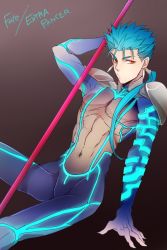 Rule 34 | 10s, 1boy, abs, armor, bad id, bad pixiv id, blue hair, bodysuit, character name, copyright name, cu chulainn (fate), cu chulainn (fate/extra), cu chulainn (fate/stay night), earrings, fate/extra, fate (series), gae bolg (fate), grey background, jewelry, long hair, male focus, mayuki (ubiquitous), navel, neon trim, official alternate costume, pauldrons, polearm, ponytail, red eyes, shoulder armor, skin tight, solo, spear, typo, weapon