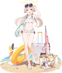 Rule 34 | 1girl, arm up, armpits, assault rifle, bag, bikini, blue archive, blush, breasts, bullpup, cleavage, collarbone, eyewear on head, frilled bikini, frills, full body, gun, halo, hifumi (blue archive), hifumi (swimsuit) (blue archive), highres, innertube, leg up, light brown hair, long hair, looking at viewer, low twintails, navel, official alternate costume, official art, rifle, sandals, solo, swim ring, swimsuit, transparent background, twintails, weapon, white bikini, yellow eyes