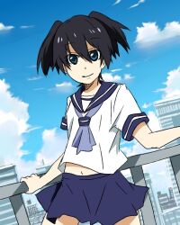 1girl amatsuki_colors black_hair black_rock_shooter blue_eyes blue_sailor_collar blue_skirt cloud kuroi_mato lowres neckerchief pleated_skirt sailor_collar school_uniform serafuku short_twintails skirt twintails