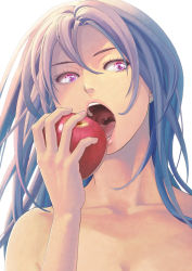 Rule 34 | 1girl, apple, bare shoulders, collarbone, face, food, fruit, highres, holding, holding food, holding fruit, lips, md5 mismatch, open mouth, original, purple eyes, purple hair, resolution mismatch, simple background, solo, teeth, uvula, yuuhei