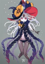 Rule 34 | 1girl, abigail williams (fate), abigail williams (third ascension) (fate), atory totory, black bow, black panties, black skin, bow, colored skin, cropped legs, cthulhu mythos, fate/grand order, fate (series), flower, grey background, hat, hat flower, highres, key, long hair, orange bow, outstretched hand, pale skin, panties, parted bangs, pink eyes, solo, tentacles, thigh gap, third eye, underwear, white hair, white skin