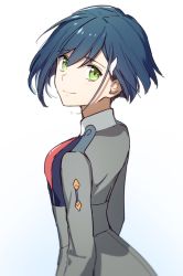Rule 34 | 1girl, blue hair, blush, breasts, closed mouth, collar, commentary request, darling in the franxx, from behind, green eyes, hair between eyes, hair ornament, hairclip, highres, ichigo (darling in the franxx), long sleeves, looking at viewer, looking back, short hair, simple background, smile, solo, teardrop, tears, toma (norishio), uniform, upper body, white background