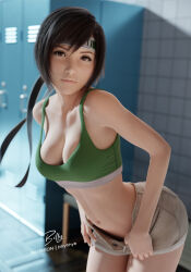 Rule 34 | 1girl, 3d, artist name, bare shoulders, bent over, billyhhyb, black hair, black headband, blurry, blurry background, bra, breasts, brown eyes, brown shorts, cleavage, closed mouth, clothes pull, collarbone, commentary, cowboy shot, depth of field, english commentary, final fantasy, final fantasy vii, final fantasy vii remake, forehead protector, from side, green bra, hair between eyes, headband, highres, leaning forward, locker, locker room, looking at viewer, looking to the side, medium breasts, midriff, navel, open fly, patreon username, pulled by self, short hair, short shorts, shorts, shorts pull, signature, solo, sports bra, swept bangs, thumb in beltline, tile floor, tile wall, tiles, underwear, undressing, yuffie kisaragi