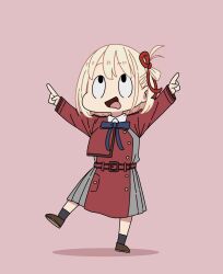 Rule 34 | 1girl, :d, belt, belt buckle, black socks, blonde hair, blue ribbon, bob cut, brown footwear, buckle, chibi, collared shirt, dress, full body, grey dress, hair ribbon, highres, imigimuru, kneehighs, long sleeves, lycoris recoil, lycoris uniform, neck ribbon, nishikigi chisato, one side up, open mouth, pink background, pleated dress, pointing, pointing up, red belt, red dress, red ribbon, ribbon, shadow, shirt, short hair, simple background, single sidelock, smile, socks, solo, standing, tongue, tongue out, two-tone dress, white shirt