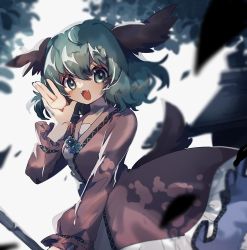 Rule 34 | 1girl, animal ears, ayahi 4, blurry, brown dress, commentary, curly hair, depth of field, dress, fangs, flower ornament, frilled dress, frilled sleeves, frills, green eyes, green hair, highres, holding, kasodani kyouko, long sleeves, looking at viewer, open mouth, short hair, solo, tail, teeth, touhou, upper body, upper teeth only