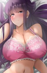 Rule 34 | 1girl, absurdres, blush, bra, breasts, fern (sousou no frieren), highres, large breasts, looking at viewer, lying, on bed, pink bra, purple eyes, purple hair, reza (27232098), solo, sousou no frieren, underwear