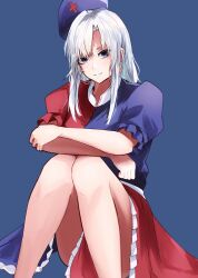 Rule 34 | 1girl, absurdres, bare legs, beret, blue background, blush, crossed arms, grey hair, hat, highres, knees together feet apart, knees up, light smile, looking at viewer, puffy short sleeves, puffy sleeves, short sleeves, simple background, sitting, solo, touhou, two-tone dress, yagokoro eirin, yagoro kusuriya