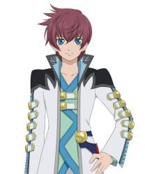 Rule 34 | 1boy, artist request, asbel lhant, blue eyes, brown hair, coat, cowboy shot, hand on own hip, male focus, official art, shirt, smile, solo, tales of (series), tales of graces, white background
