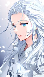 Rule 34 | 1girl, blue background, blue eyes, braid, commentary request, falling petals, final fantasy, final fantasy xiv, from side, gradient background, half updo, highres, korean commentary, long hair, looking at viewer, mask, mask around neck, parted lips, petals, portrait, signature, single braid, solo, twitter username, unworn mask, venat (ff14), wavy hair, white hair, wild5lee