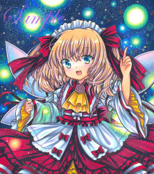 Rule 34 | 1girl, :d, alternate costume, ascot, blonde hair, blue background, blue eyes, bow, cowboy shot, dot nose, dress, dress bow, fairy, fairy wings, fang, fireflies, flower, frilled dress, frilled hairband, frilled sash, frilled shirt collar, frills, hair bow, hair ribbon, hairband, hand up, index finger raised, layered dress, layered sleeves, light blush, lolita hairband, long hair, long sleeves, looking at viewer, marker (medium), multicolored clothes, multicolored dress, open mouth, red bow, red dress, red flower, red ribbon, red rose, red sash, ribbon, rose, rui (sugar3), sample watermark, sash, smile, solo, sunny milk, touhou, traditional media, two side up, watermark, white bow, white dress, white ribbon, wide sleeves, wings, yellow ascot, yellow dress