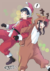 Rule 34 | !, 1boy, 1girl, :d, animal costume, antlers, back-to-back, belt, black footwear, black gloves, black hair, blush, boots, brown background, commentary, dated, english commentary, fake antlers, feet out of frame, fur-trimmed boots, fur trim, gloves, hagino makoto, happy, hat, hirose kaede, honami fuyuki, hood, hood down, hood up, hooded jacket, horns, jacket, lens flare, lifting another&#039;s clothes, lifting person, locked arms, long hair, long sleeves, looking at viewer, nettaigyo wa yuki ni kogareru, open mouth, pants, pom pom (clothes), purple eyes, red hat, red jacket, red nose, red pants, reindeer antlers, reindeer costume, santa costume, santa hat, short hair, signature, smile, speech bubble, spoken exclamation mark, standing, sweatdrop, teeth, upper teeth only