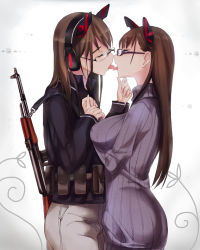 Rule 34 | 2girls, ak-47, amd, assault rifle, belt, breasts, brown hair, closed eyes, covered erect nipples, cowboy shot, french kiss, glasses, grabbing another&#039;s chin, gun, hand on another&#039;s chin, incest, kalashnikov rifle, kiss, large breasts, long hair, multiple girls, personification, radeon, rifle, rimless eyewear, robot ears, siblings, sisters, syozui, tongue, utility belt, weapon, yuri