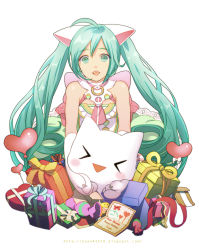 Rule 34 | &gt; &lt;, 1girl, ahoge, animal ears, animal hands, aqua eyes, aqua hair, bad id, bad pixiv id, bare shoulders, cat ears, cat girl, closed eyes, fangs, female focus, gift, gloves, hatsune miku, heart, kemonomimi mode, kin (aaaa), long hair, looking at viewer, open mouth, paw gloves, solo, twintails, vocaloid, white background