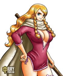 Rule 34 | ass, blonde hair, blue eyes, breasts, cape, cleavage, dress, gerd (one piece), hand on own hip, iury padilha, large breasts, long hair, looking at viewer, one piece, staff, tagme, thighs, wide hips
