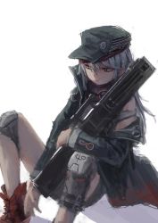 Rule 34 | 1girl, absurdres, bad id, bad twitter id, between legs, boots, closed mouth, cyborg, feet out of frame, g11 (girls&#039; frontline), girls&#039; frontline, grey hair, gun, hair between eyes, hand between legs, hat, high collar, highres, holding, holding gun, holding weapon, jacket, long sleeves, looking to the side, mechanical legs, off shoulder, red footwear, rifle, scope, simple background, sitting, solo, treeware, weapon, white background, yellow eyes