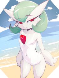 Rule 34 | 1girl, absurdres, arms at sides, beach, blue sky, bob cut, breasts, cloud, collarbone, colored skin, completely nude, creatures (company), day, female focus, fir3born, game freak, gardevoir, gen 3 pokemon, glint, green hair, groin, half-closed eyes, highres, horizon, looking at viewer, navel, nintendo, nipples, nude, ocean, one-piece tan, outdoors, parted lips, pokemon, pokemon (creature), raised eyebrows, red eyes, sand, short hair, sky, small breasts, solo, standing, stomach, tan, tanline, teeth, thighs, water, white skin