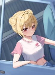 Rule 34 | 1girl, 1other, ahoge, blonde hair, blue pants, blush, breasts, car, closed mouth, commentary request, crop top, denim, double bun, hair bun, highres, jingburger, korean commentary, light smile, looking at viewer, medium breasts, midriff, motor vehicle, navel, pants, red eyes, rinrasetsu, short sleeves, sitting, solo focus, stomach, virtual youtuber, waktaverse