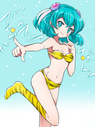 Rule 34 | 1girl, animal print, antennae, aqua eyes, aqua hair, bikini, breasts, cleavage, collarbone, commentary request, cosplay, cowboy shot, foreshortening, gradient background, hagoromo lala, hair ornament, heart, heart hair ornament, kagami chihiro, kneehighs, leg up, looking at viewer, lum, lum (cosplay), multicolored hair, navel, pink hair, pointing, pointing at viewer, pointy ears, precure, print footwear, short hair, smile, socks, solo, star-shaped pupils, star (symbol), star in eye, star twinkle precure, stomach, strapless, strapless bikini, streaked hair, swimsuit, symbol-shaped pupils, symbol in eye, tiger print, tiger stripes, trait connection, urusei yatsura