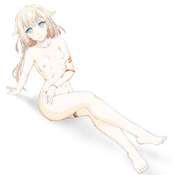 Rule 34 | 1girl, arm support, asunogear, barefoot, blonde hair, blue eyes, bracelet, braid, braided ponytail, breasts, cevio, collarbone, completely nude, female focus, full body, gradient hair, groin, highres, jewelry, leaning back, long hair, looking at viewer, multicolored hair, navel, nipples, nude, one (cevio), parted lips, ponytail, simple background, small breasts, solo, thigh strap, vocaloid, white background