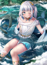Rule 34 | 1girl, absurdres, blue eyes, blue hair, choker, cloud, collarbone, dress, fins, fish tail, gawr gura, gawr gura (party dress), giant, giantess, highres, hololive, hololive english, jewelry, laurel crown, medium hair, multicolored hair, necklace, numaguro (tomokun0808), official alternate costume, one eye closed, shark tail, ship, sitting, solo, streaked hair, tail, twintails, two-tone hair, virtual youtuber, water, watercraft, white dress, white hair, yellow choker
