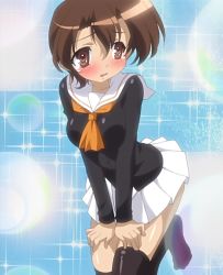 Rule 34 | 00s, 1girl, blush, brown eyes, brown hair, forced dressing, gender request, genderswap, hasegawa takuto, highres, magician&#039;s academy, non-web source, school uniform, screencap, serafuku, short hair, solo, stitched, tears, thighhighs, third-party edit