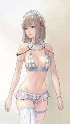 Rule 34 | 1girl, absurdres, arm strap, beige background, bikini, bracelet, breasts, brown eyes, brown hair, character request, checkered bikini, checkered clothes, cleavage, closed mouth, commentary, copyright request, cowboy shot, detached collar, grey bikini, highres, jewelry, mac star, maid headdress, medium breasts, medium hair, mole, mole under mouth, single thighhigh, solo, swimsuit, thigh strap, thighhighs, white thighhighs