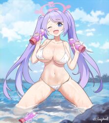 Rule 34 | 1girl, bare arms, bare legs, bare shoulders, bikini, blue archive, blue eyes, blush, breasts, cleavage, collarbone, day, elanphant, fang, halo, hanae (blue archive), haniwa (statue), highres, kneeling, large breasts, long hair, looking at viewer, navel, ocean, one eye closed, open mouth, outdoors, pink halo, purple hair, smile, solo, swimsuit, twitter username, water, white bikini