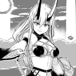 Rule 34 | 1girl, bare shoulders, bikini, breasts, cleavage, detached sleeves, fate/grand order, fate (series), greyscale, henry saints, horns, long hair, medium breasts, midriff, monochrome, navel, oni horns, slit pupils, smile, solo, swimsuit, sword, tomoe gozen (fate), tomoe gozen (swimsuit saber) (fate), tomoe gozen (swimsuit saber) (second ascension) (fate), very long hair, weapon, wide sleeves