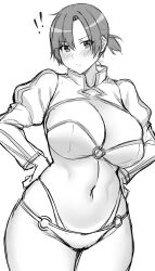 Rule 34 | 1girl, absurdres, arind yudha, ass, bikini, blush, boudica (fate), breasts, cleavage, fate/grand order, fate (series), greyscale, highres, large breasts, long sleeves, looking at viewer, looking back, monochrome, navel, o-ring, short hair, short ponytail, shrug (clothing), sketch, smile, solo, swimsuit, thigh strap, thighs