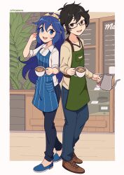 Rule 34 | 1boy, 1girl, absurdres, amamiya ren, apron, black eyes, black hair, blue apron, blue eyes, blue footwear, blue hair, blue pants, border, brown footwear, coffee cup, coffee pot, cremanata, cup, disposable cup, fire emblem, glasses, green apron, highres, holding, holding cup, indoors, long hair, lucina (fire emblem), nintendo, open mouth, pants, persona, plant, shirt, shoes, short hair, teeth, upper teeth only, white border, white shirt