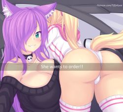 Rule 34 | 2girls, animal ear fluff, animal ears, aqua eyes, ass, bare shoulders, black choker, black shirt, blush, breasts, car interior, cat ears, cat girl, cat tail, choker, cleavage, collarbone, commentary, english commentary, english text, fake phone screenshot, fake screenshot, foxykuro, hair over one eye, he wants to order (meme), highres, jacket, kurona reole, large breasts, long sleeves, looking at viewer, meme, multiple girls, nottytiffy, off shoulder, one eye covered, original, panties, parted lips, patreon username, purple hair, shirt, smile, snapchat, tail, thighhighs, thighs, tiffy (nottytiffy), underwear, white jacket, white panties, white thighhighs