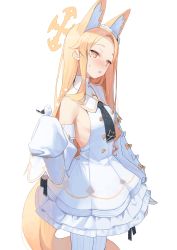 Rule 34 | 1girl, absurdly long hair, animal ear fluff, animal ears, bird, blonde hair, blue archive, blush, breasts, cruciform halo, detached sleeves, dress, extra ears, forehead, fox ears, hair ornament, halo, highres, long-tailed tit, long hair, necktie, parted bangs, sailor collar, seia (blue archive), short necktie, sideboob, sleeveless, sleeveless dress, sleeves past wrists, small breasts, solo, standing, syhan, tit (bird), very long hair, white background, white bird, white dress, yellow eyes