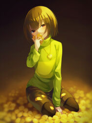 Rule 34 | 1other, between legs, black pantyhose, bob cut, brown hair, brown shorts, chara (undertale), covered mouth, flower, green shirt, hand between legs, heart, heart necklace, highres, jewelry, kneeling, looking to the side, necklace, pantyhose, petals, red eyes, shifumame, shirt, short hair, shorts, solo, undertale, yellow flower, yellow petals