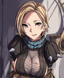 Rule 34 | 1girl, :d, belt, blonde hair, blush, breasts, brown gloves, cleavage, ear piercing, earrings, gloves, groin, highres, jewelry, large breasts, looking at viewer, nagioka, open mouth, piercing, red eyes, scout (tree of savior), see-through, short hair, smile, solo, spikes, tree of savior, upper body