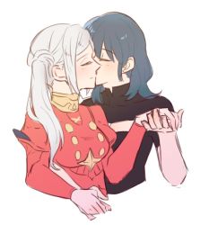 Rule 34 | 2girls, black shirt, blue hair, blush, breasts, buttons, byleth (female) (fire emblem), byleth (fire emblem), cleavage, closed eyes, closed mouth, clothing cutout, collar, collared dress, collared shirt, commentary request, couple, dress, edelgard von hresvelg, fire emblem, fire emblem: three houses, from side, hair between eyes, holding hands, hug, kiss, kissing cheek, long hair, long sleeves, multiple girls, nintendo, puffy long sleeves, puffy sleeves, red dress, riromomo, shirt, short sleeves, side ponytail, sidelocks, simple background, smile, upper body, white background, white hair, yuri