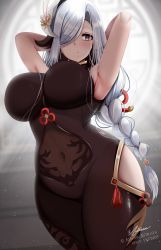 Rule 34 | 1girl, arms behind head, arms up, artist name, astraea (atelierastraea), bodysuit, braid, breasts, closed mouth, covered navel, curvy, genshin impact, gold trim, grey eyes, groin, hair ornament, hair over one eye, highres, hip focus, hip vent, large breasts, light particles, long bangs, looking at viewer, low-braided long hair, low-tied long hair, revision, shenhe (genshin impact), silver hair, solo, sweat, tassel, wet, wet hair, wide hips