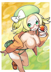 Rule 34 | bianca (pokemon), blonde hair, blush, breasts, breasts out, creatures (company), female focus, game freak, glasses, green eyes, hat, jacket, large breasts, looking at viewer, nintendo, no bra, open clothes, open jacket, poke ball, pokemon, pokemon bw2, redjet