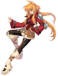 Rule 34 | 1girl, ahoge, belt, black pantyhose, boots, brown eyes, cropped jacket, fingerless gloves, full body, gloves, knee boots, pantyhose under shorts, long hair, official art, orange hair, pantyhose, sasaki tomomi, secutor (wild arms xf), shirt, shorts, shoulder pads, sidelocks, smile, solo, twintails, white background, wild arms, wild arms xf