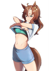 Rule 34 | 1girl, absurdres, ahoge, animal ears, aqua bra, aqua eyes, blue shorts, blush, bra, breasts, brown hair, cleavage, clothes lift, commentary request, cowboy shot, ear ornament, grin, highres, horse ears, horse girl, horse tail, lifted by self, long hair, looking at viewer, medium breasts, mejiro palmer (umamusume), midriff, multicolored hair, navel, ponytail, shirt, shirt lift, short sleeves, shorts, simple background, smile, sports bra, streaked hair, tail, umamusume, underwear, white background, white hair, white shirt, yuuge ningen