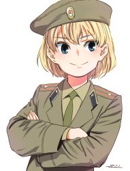 Rule 34 | 1girl, alternate costume, beret, blonde hair, blue eyes, brown hat, brown jacket, brown shirt, closed mouth, commentary, crossed arms, dated, dress shirt, emblem, epaulettes, girls und panzer, green necktie, hat, horikou, insignia, jacket, katyusha (girls und panzer), long sleeves, looking at viewer, military, military hat, military uniform, necktie, one-hour drawing challenge, shirt, short hair, smile, solo, soviet, soviet army, uniform, wing collar