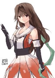 Rule 34 | 1girl, black gloves, black neckerchief, black skirt, brown eyes, brown hair, buttons, commentary request, cowboy shot, dated, double-breasted, elbow gloves, gloves, hair intakes, half updo, unworn headband, highres, jintsuu (kancolle), jintsuu kai ni (kancolle), kantai collection, long hair, looking at viewer, neckerchief, one-hour drawing challenge, owa (ishtail), sailor collar, school uniform, serafuku, shirt, simple background, skirt, sleeveless, sleeveless shirt, solo, twitter username, white background, white sailor collar