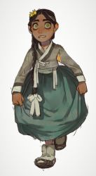 Rule 34 | 1girl, black hair, blue skirt, braid, copyright request, freckles, full body, grey shirt, hair over shoulder, highres, looking at viewer, mossacannibalis, ringed eyes, shirt, simple background, skirt, smile, solo, walking, white background, wide-eyed, yellow eyes