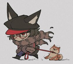 Rule 34 | 1boy, animal ears, animal hat, black hat, blue pants, boots, cabbie hat, chibi, closed mouth, coat, commentary request, dog, fake animal ears, full body, fur-trimmed sleeves, fur collar, fur trim, glasses, grey background, grey coat, hat, holding, holding leash, leash, long sleeves, male focus, master detective archives: rain code, pants, red-framed eyewear, red eyes, round eyewear, running, sameyama jiro, shiba inu, short hair, simple background, smile, solo, zilch alexander