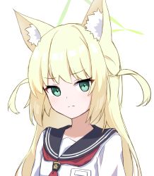 Rule 34 | 1girl, absurdres, animal ear fluff, animal ears, black sailor collar, blonde hair, blue archive, closed mouth, commentary, green eyes, halo, highres, kurumi (blue archive), light frown, long hair, looking at viewer, neckerchief, red neckerchief, sailor collar, seika (eevz2274), shirt, simple background, solo, symbol-only commentary, two side up, upper body, white background, white shirt