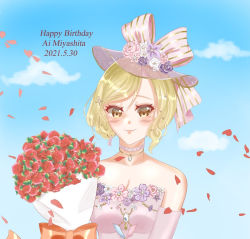 Rule 34 | 1girl, alternate hairstyle, artist name, artist request, back bow, blonde hair, blue sky, blush, bouquet, bow, breasts, brown eyes, cleavage, cloud, collarbone, day, dress, earrings, female focus, flower, frilled dress, frills, gloves, hair between eyes, hair bobbles, hair ornament, hairclip, hat, hat flower, hat ribbon, high ponytail, holding, holding bouquet, jewelry, long hair, looking at viewer, love live!, love live! nijigasaki high school idol club, love live! school idol festival, love live! school idol festival all stars, miyashita ai, necklace, orange eyes, outdoors, parted lips, pearl necklace, petals, pink bow, pink dress, pink hat, pink petals, pink ribbon, plaid, plaid dress, pleated, pleated dress, ponytail, red flower, red petals, ribbon, short hair, side ponytail, sky, sleeveless, sleeveless dress, small breasts, smile, solo, strapless, strapless dress, striped, striped bow, upper body, white gloves, yellow eyes