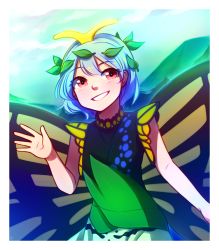 Rule 34 | 1girl, antennae, bare arms, blue hair, butterfly wings, commentary, dress, english commentary, eternity larva, eyes visible through hair, grin, hair between eyes, highres, insect wings, leaf, leaf on head, looking at viewer, multicolored clothes, multicolored dress, outdoors, red eyes, short hair, short sleeves, smile, solo, speckticuls, touhou, waving, wings
