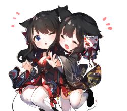 Rule 34 | 2girls, ^ ^, animal ears, azur lane, black hair, blue eyes, blush, breasts, cat ears, cleavage, closed eyes, fang, full body, highres, japanese clothes, long hair, looking at another, looking at viewer, medium breasts, multiple girls, one eye closed, open mouth, outstretched arms, simple background, smile, umibouzu (niito), white background